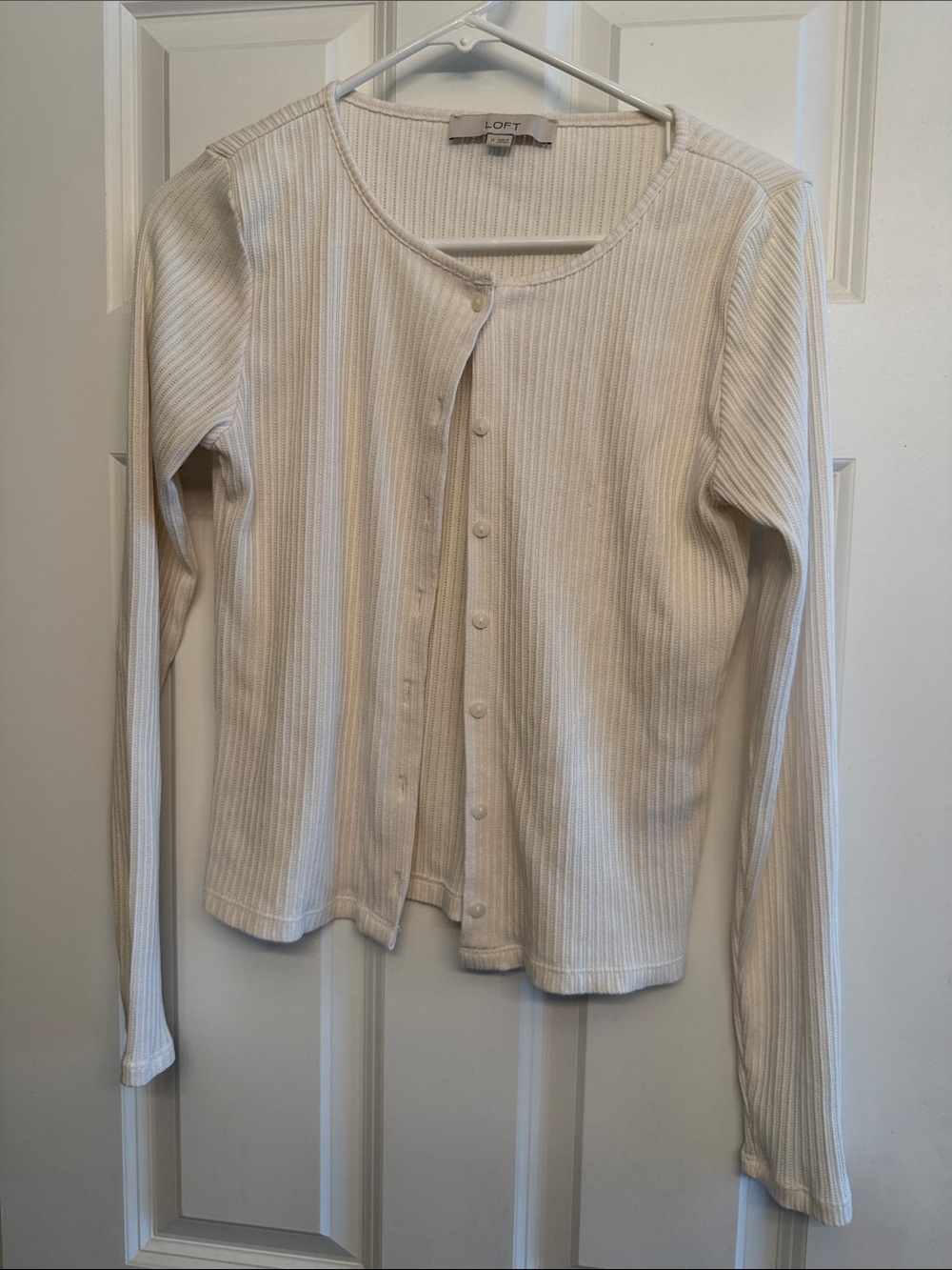 LOFT Ivory Ribbed Button-Up Cardigan